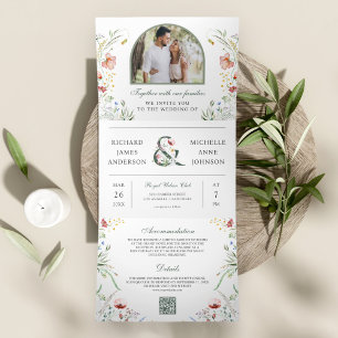 Wildflower Arch Photo All in One QR Code Wedding Tri-Fold Invitation