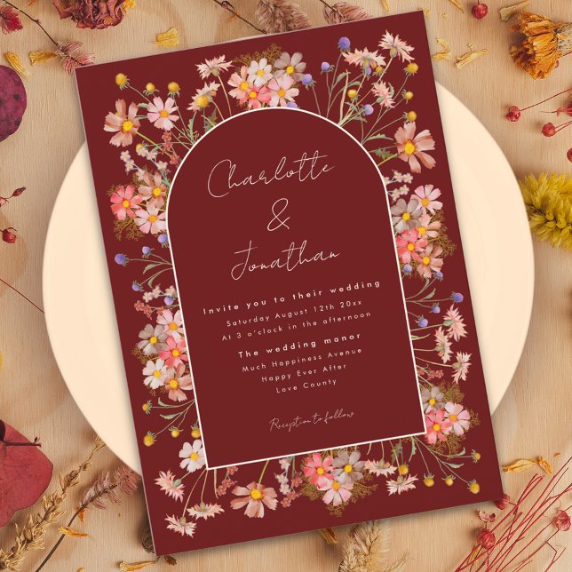 Wildflower Arch Terracotta Fall Wedding Invitation (Boho floral arch burgundy burnt orange fall wedding invitation )