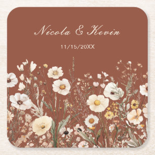 Wildflower Autumn Fall Floral Wedding Square Paper Coaster