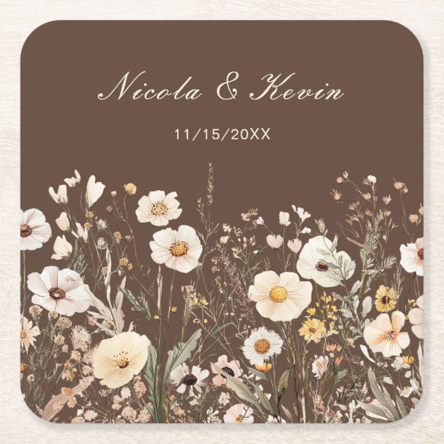 Wildflower Autumn Fall Floral Wedding Square Paper Coaster (Front)