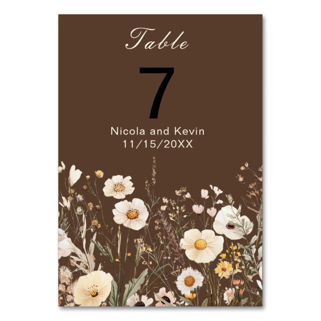 Wildflower Autumn Fall Floral Wedding Table Number (Front)