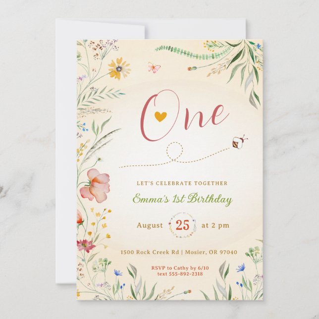 Wildflower Baby Girl 1st First One Summer Birthday Invitation (Front)