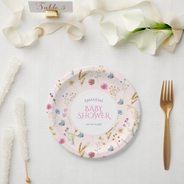 Wildflower baby girl shower pink paper plate (Wedding)