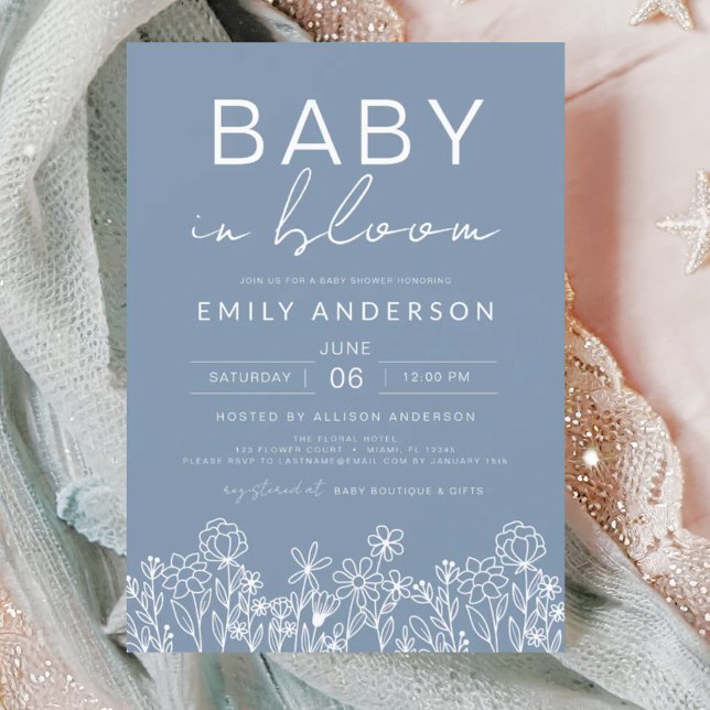 Wildflower Baby in Bloom Baby Shower Dusty Blue Invitation (Creator Uploaded)