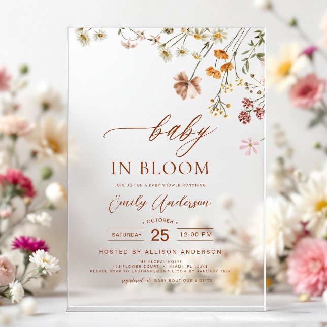 Wildflower Baby in Bloom Baby Shower Terracotta Acrylic Invitations (Creator Uploaded)