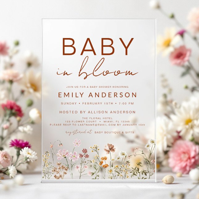 Wildflower Baby in Bloom Baby Shower Terracotta Acrylic Invitations (Creator Uploaded)