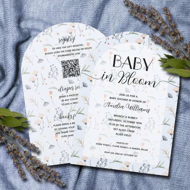 Wildflower Baby in Bloom Boy All in One Shower  Invitation (Wildflowers on blue boy Baby in Bloom all in one shower invitations)
