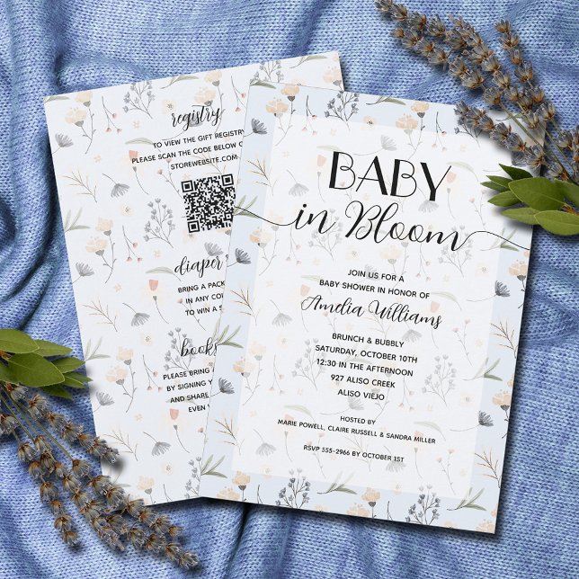 Wildflower Baby in Bloom Boy All in One Shower  Invitation (Wildflower baby in bloom boy all in one baby shower invitations, PRINTED and/or DOWNLOAD)