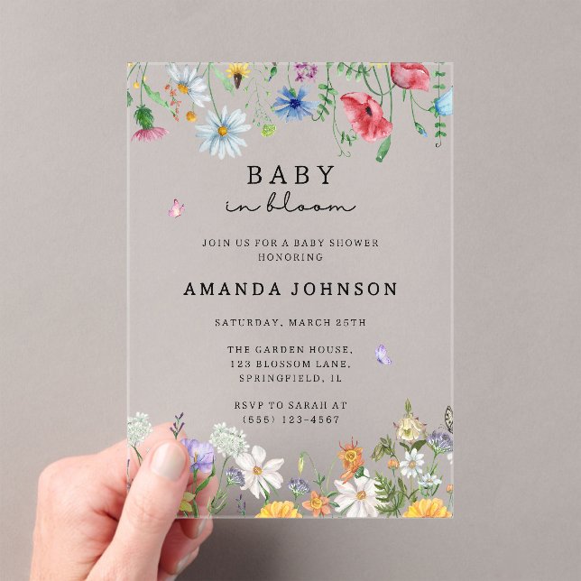 Wildflower Baby in Bloom Floral Garden Baby Shower Acrylic Invitations (Insitu (Handheld))
