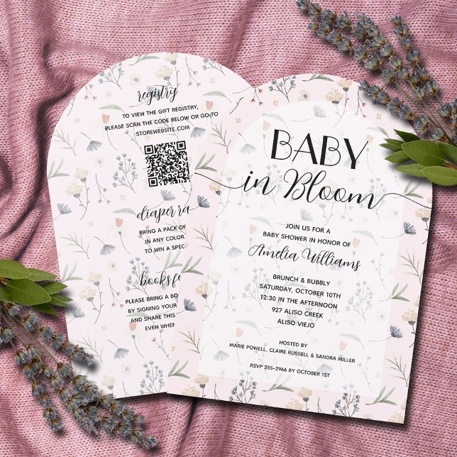 Wildflower Baby in Bloom Girl All in One Shower  Invitation (Wildflowers on pink girl Baby in Bloom all in one shower invitations)