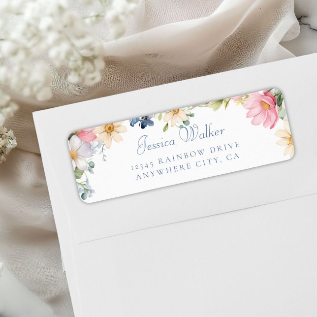 Wildflower Baby Shower Address Return Address Label (Personalized Wildflower Baby Shower Address Label, White +Pastel.)