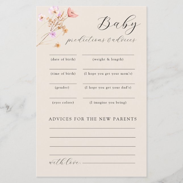 Wildflower Baby Shower Advice Game (Front)