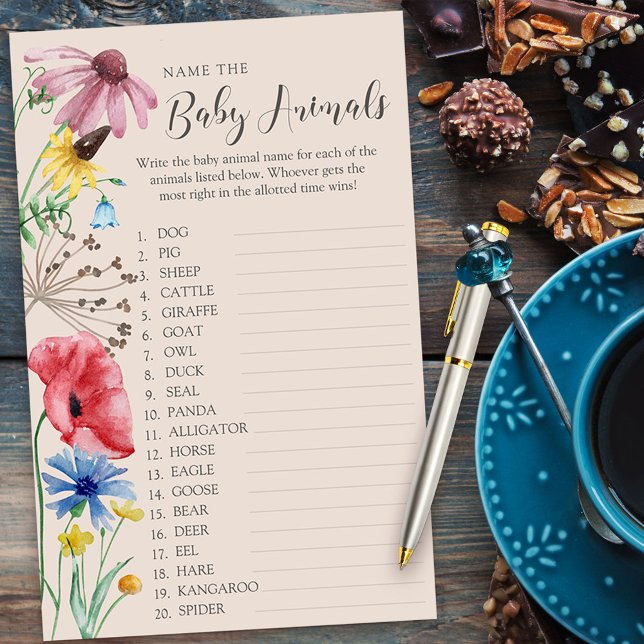 Wildflower Baby Shower Baby Animal Name Quiz Game (Baby Animals Baby Shower quiz game from my Wildflower Charm collection)