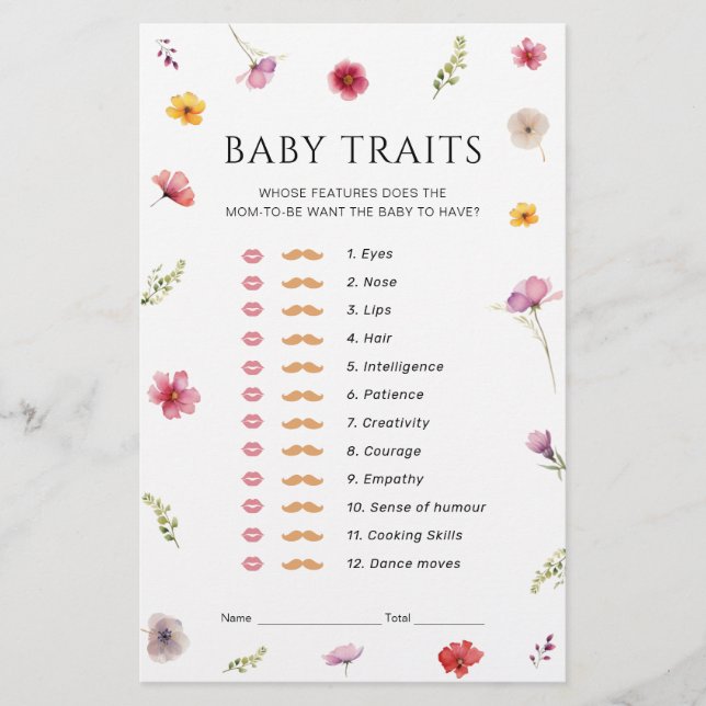 Wildflower Baby Shower Baby Traits Game (Front)