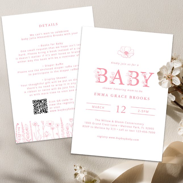 Wildflower Baby Shower Details Back Invitation (Wildflower - Pink Baby Shower Invite)