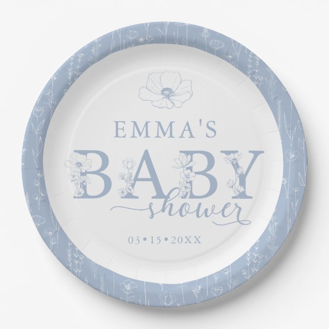 Wildflower Baby Shower | Dusty Blue Floral Plate (Front)