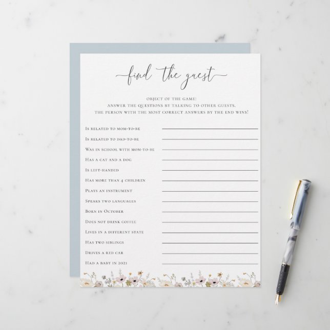 Wildflower Baby Shower Find The Guest Game (Front/Back In Situ)