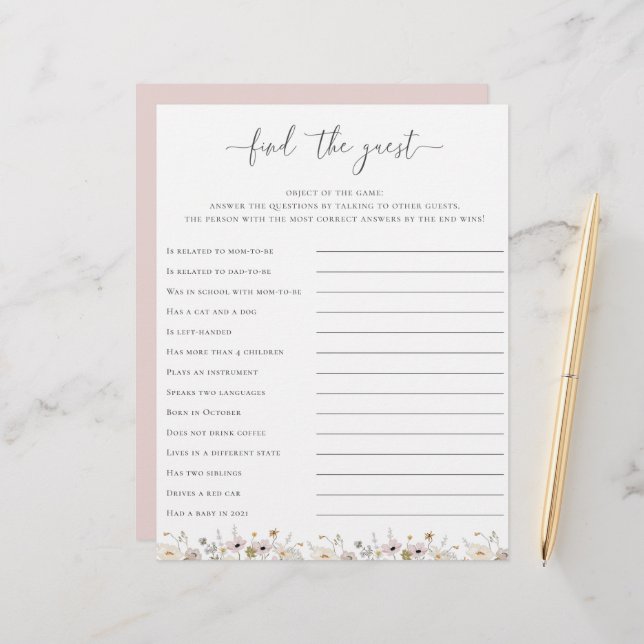 Wildflower Baby Shower Find The Guest Game (Front/Back In Situ)