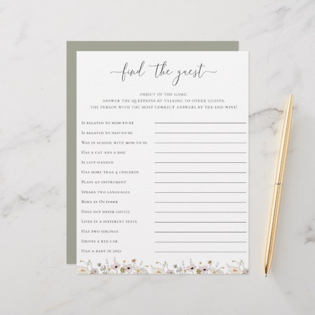 Wildflower Baby Shower Find The Guest Game (Front/Back In Situ)