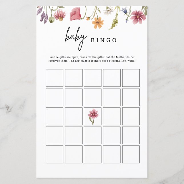 Wildflower Baby Shower Floral Baby Bingo Game Card (Front)