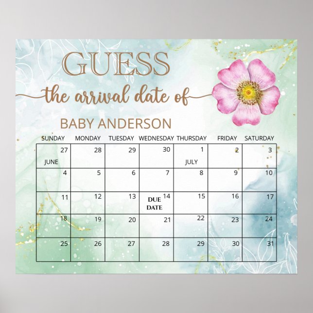 Wildflower Baby Shower Guess Due Date Calendar  Poster (Front)