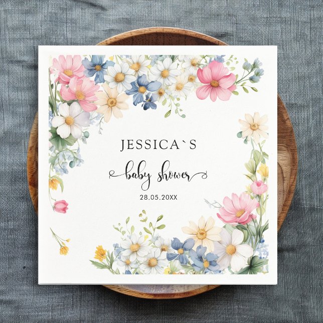 Wildflower, Baby Shower Napkin (Customer-specific, cute, wildflower baby shower napkin with your name & date. For girl, boy.)