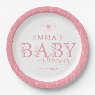 Wildflower Baby Shower Pink Floral Pattern Paper Plate