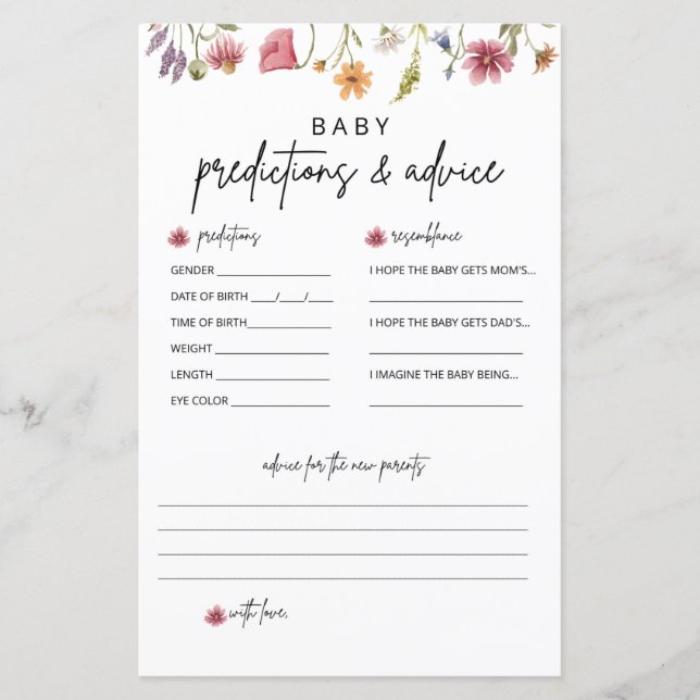 Wildflower Baby Shower Prediction and Advice Cards (Front)