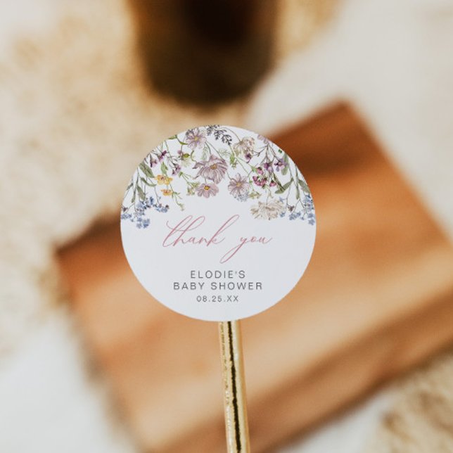 Wildflower Baby Shower Round Sticker Floral Pink (Creator Uploaded)