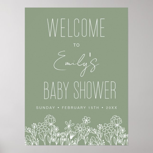 Wildflower Baby Shower Welcome Sign Sage Green (Front)