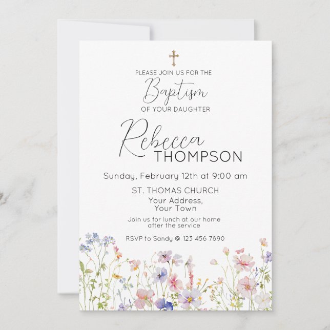Wildflower Baptism Girl Invitation (Front)
