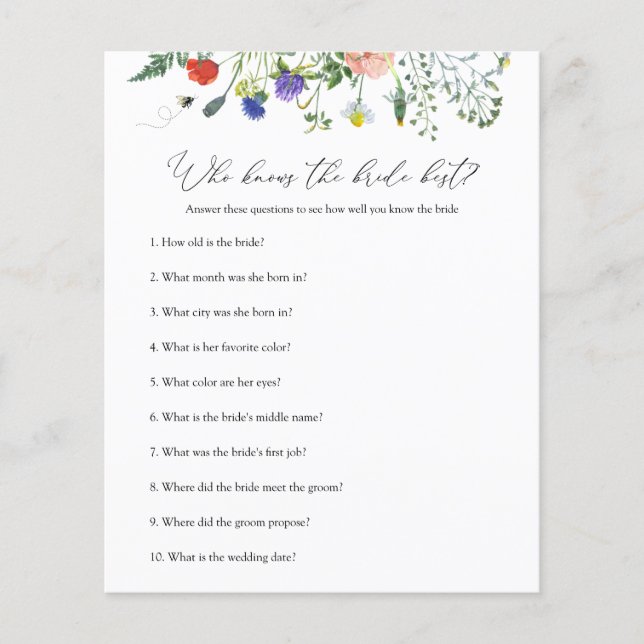 Wildflower Bee Bridal Shower Game Who Knows Bride (Front)