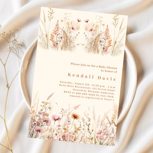 Wildflower beige cream pink boho Baby Shower Invitation (Creator Uploaded)