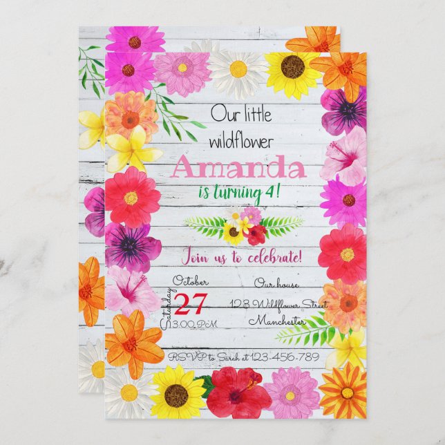 Wildflower Birthday Invitation, Flower Invite (Front/Back)