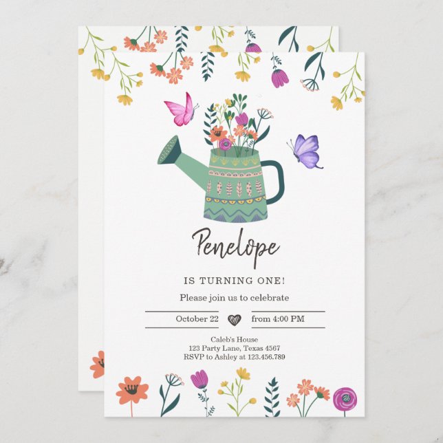 Wildflower birthday invitation Girl Garden Floral (Front/Back)