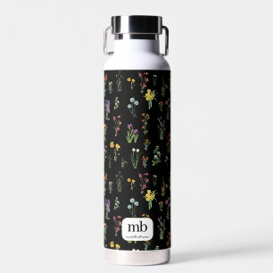 Wildflower Black Botanical Floral Water Bottle
