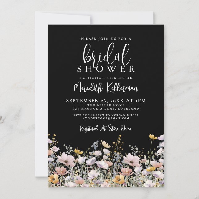 Wildflower Black Floral Bridal Shower Invitation (Front)
