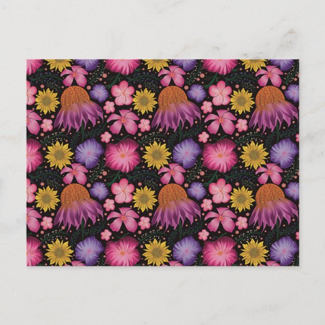 Wildflower Black Floral Pattern Postcard (Front)