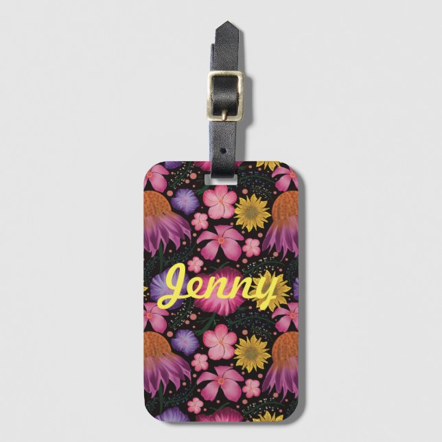 Wildflower Black Floral Personalised Luggage Tag (Front Vertical)
