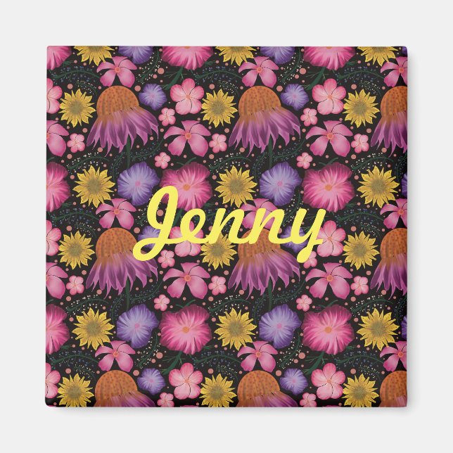 Wildflower Black Floral Personalised Magnet (Front)