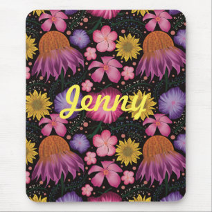 Wildflower Black Floral Personalised Mouse Pad