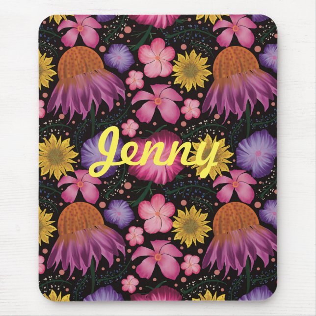 Wildflower Black Floral Personalised Mouse Pad (Front)