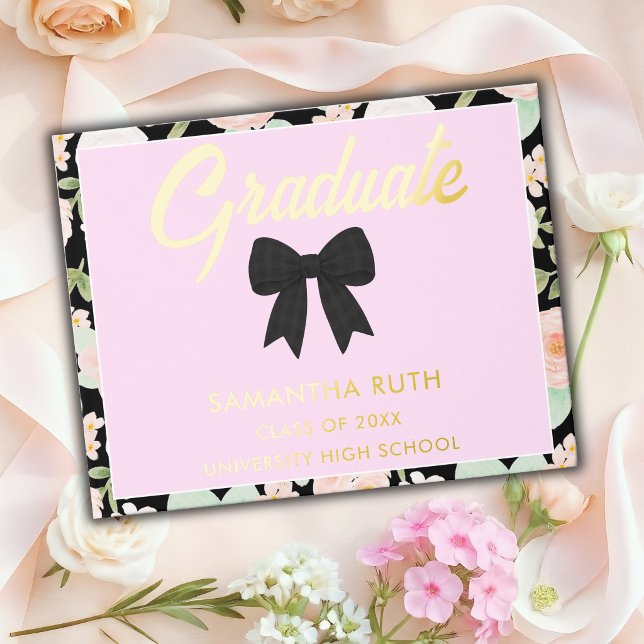 Wildflower Black Gingham Bow Graduation Party Guest Book (Creator Uploaded)