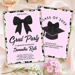 Wildflower Black Gingham Bow Graduation Party Invitation