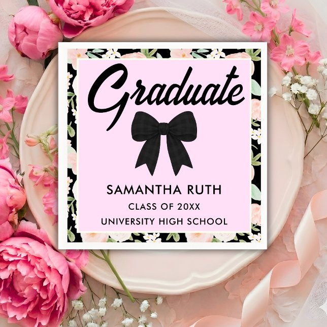 Wildflower Black Gingham Bow Graduation Party Napkin (Creator Uploaded)