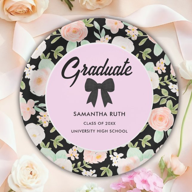 Wildflower Black Gingham Bow Graduation Party Paper Plate (Creator Uploaded)