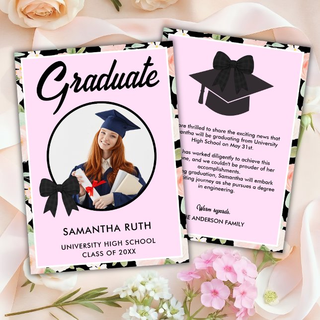 Wildflower Black Gingham Bow Photo Graduation Announcement (Creator Uploaded)