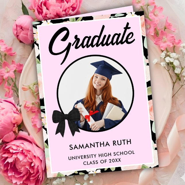 Wildflower Black Gingham Bow Photo Graduation Card (Creator Uploaded)