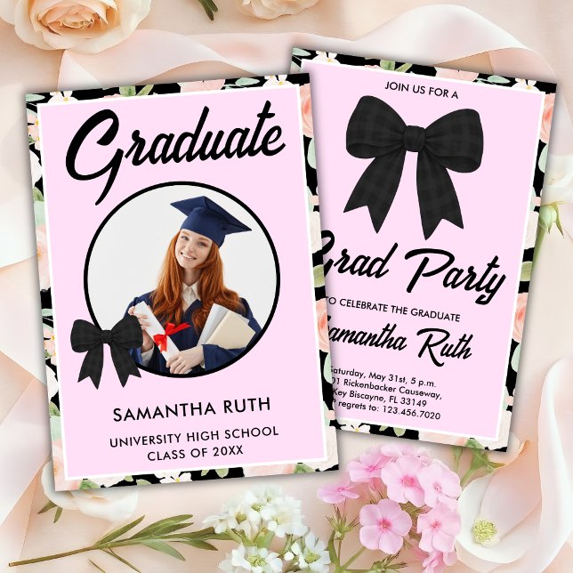 Wildflower Black Gingham Bow Photo Graduation Invitation (Creator Uploaded)
