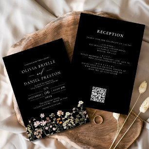 Wildflower Black White All in One QR Code Wedding Invitation